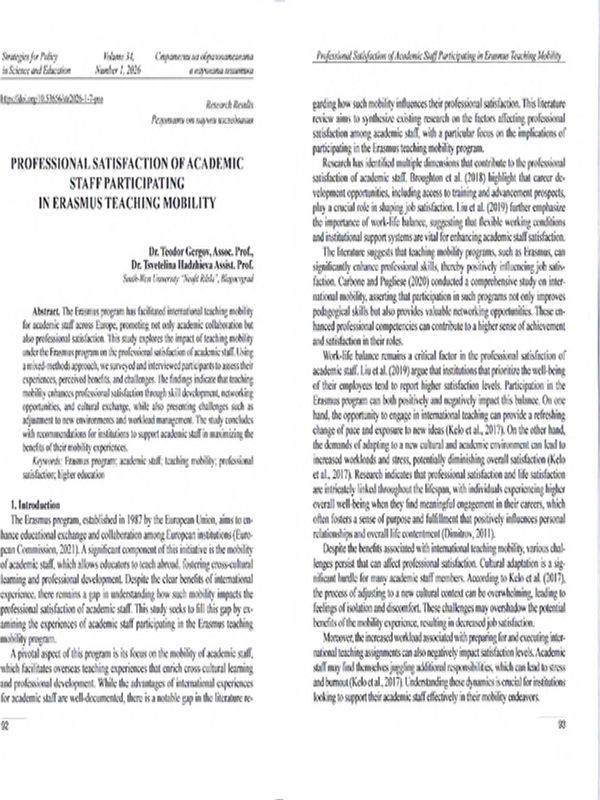 Professional Satisfaction of Academic Staff Participating in Erasmus Teaching Mobility