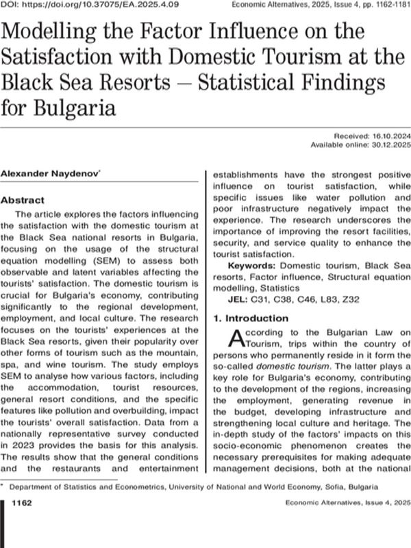 Modelling the Factor Influence on the Satisfaction with Domestic Tourism at the Black Sea Resorts – Statistical Findings for Bulgaria