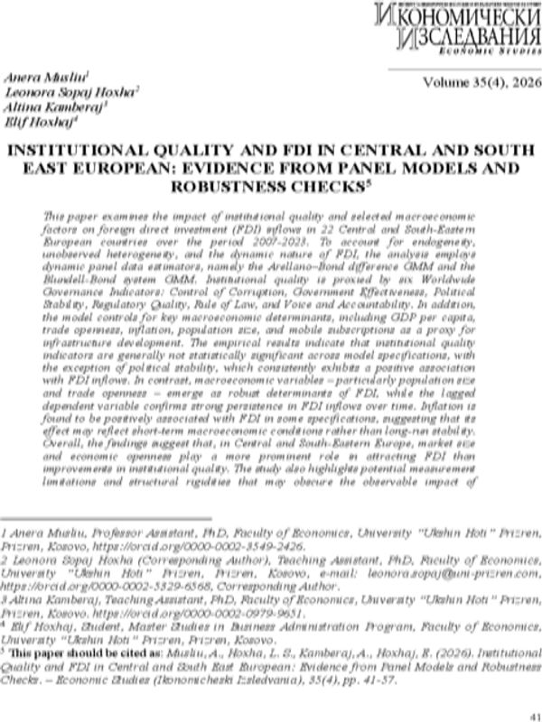 Institutional Quality and FDI in Central and South East European: Evidence from Panel Models and Robustness Checks