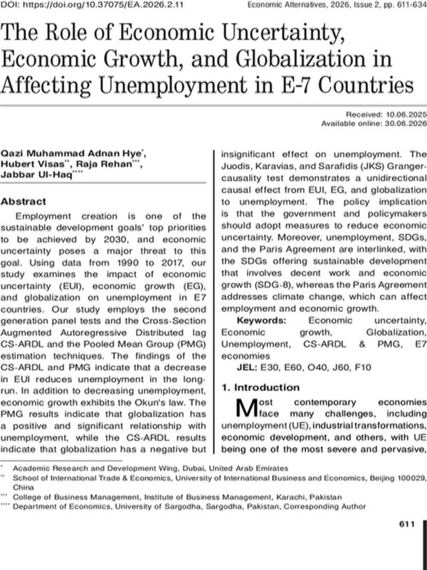 The Role of Economic Uncertainty, Economic Growth, and Globalization in Affecting Unemployment in E-7 Countries