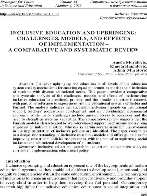 Inclusive Education and Upbringing: Challenges, Models, and Effects of Implementation – A comparative and Systematic Review